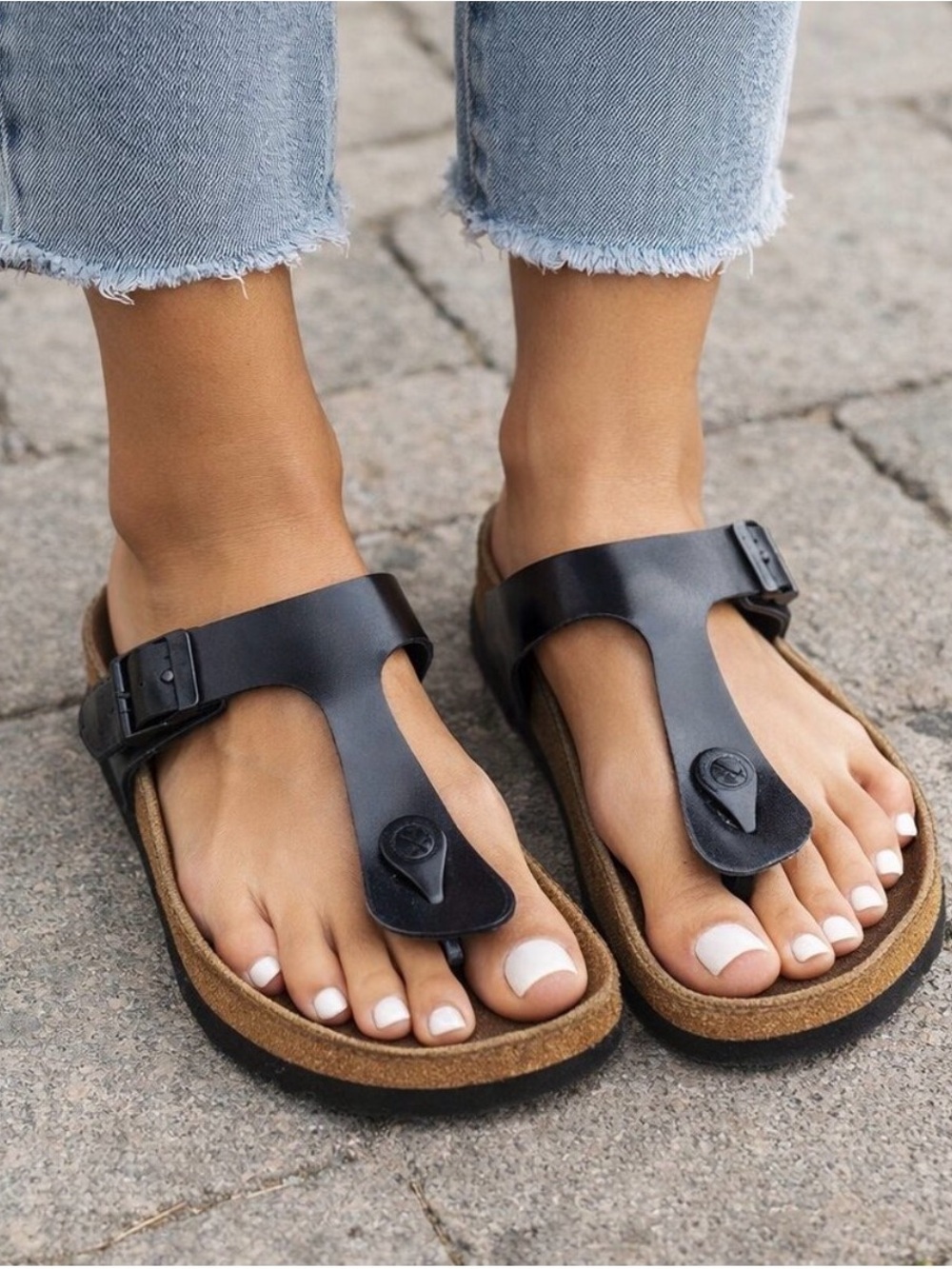 Birkenstock Black T-Strap Cork Footbed Sandals